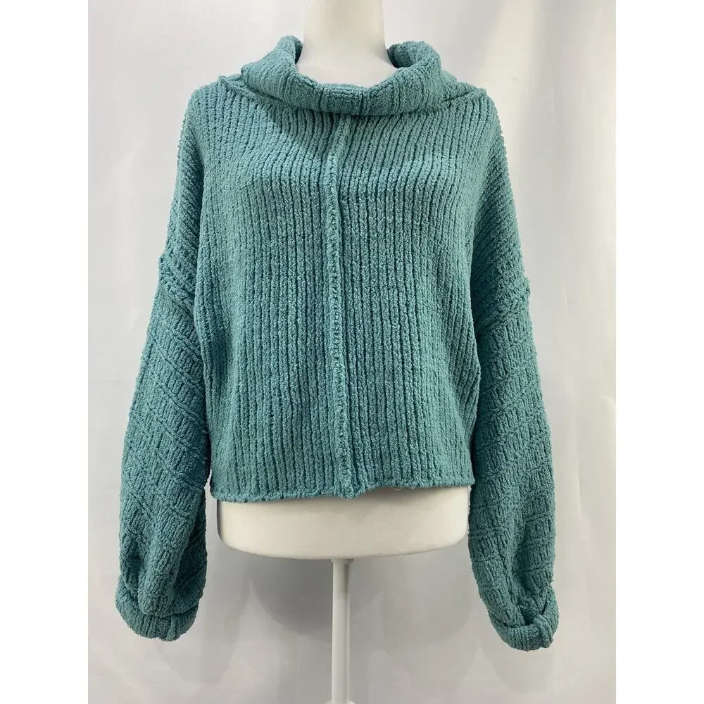 New Free People Be Yours Cowl Neck Boxy Cropped Knit Sweater Emerald Aura Sz S